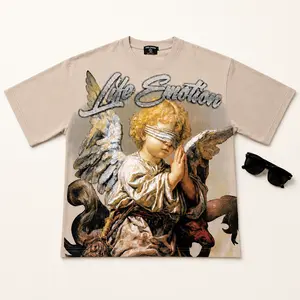 Mixed Emotion Angel Graphic Tee Beige Oversized Shirt Unisex Streetwear Y2K Vintage Cherub Prayer Print Gothic Grunge Fairycore Hip Hop Skater Baggy Loose Fit Summer Outfit TikTok Viral Drip Fashion