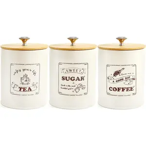 Metal Canisters Sets for the Kitchen, 40 Oz Coffee Sugar  Container Set, Farmhouse Style,  Storage Containers with  for Countertop, Cabinet, Coffee Bar Decor, Beige