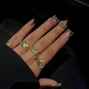 24 Pcs 3D Diamond Duck Bill Nail Tips, Heart & Cushion Crystal Decor, Glossy Gel False Nails, Reusable, Free Jelly Glue & File