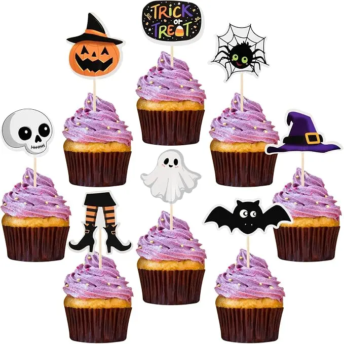 Halloween Cupcake Toppers - 80 Pcs Spooky Haunted House Party Fruit Cake Decoration Supplies