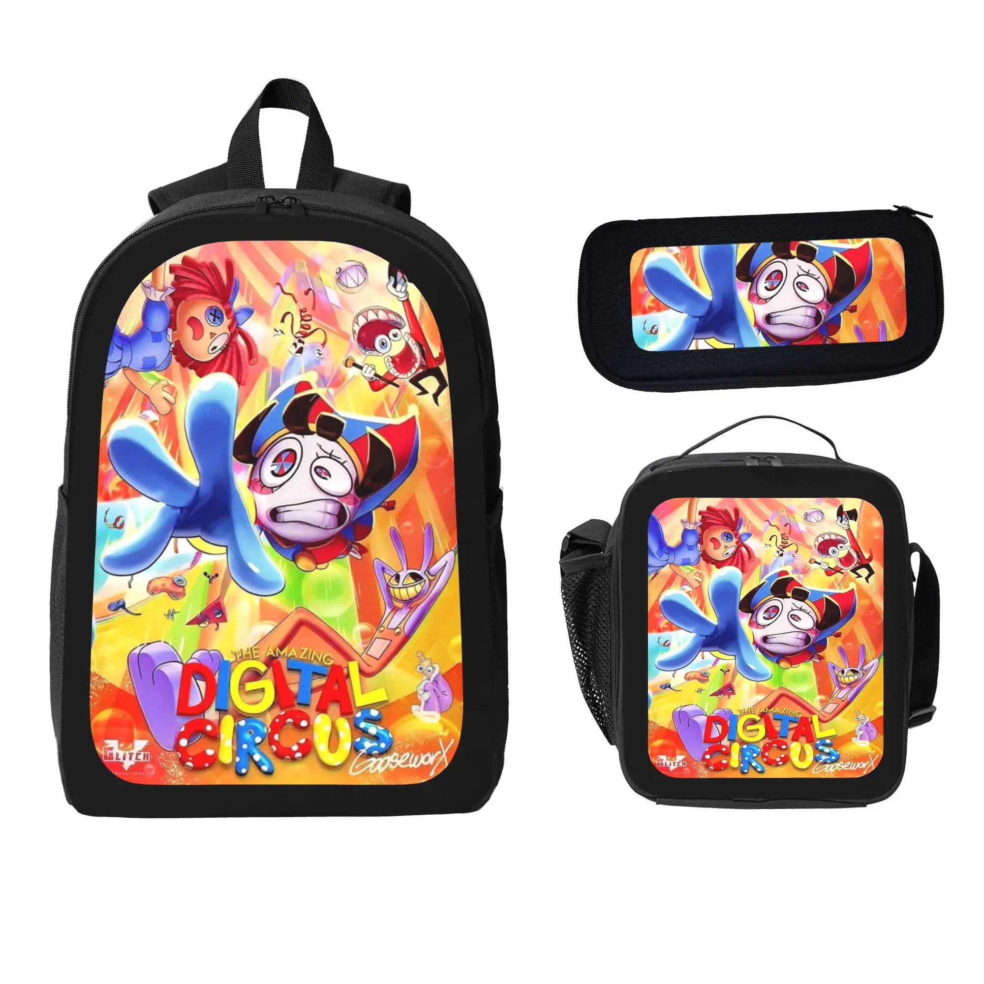 The Amazing Digital Circus Cartoon Character 3pcs Backpack Set - Lightweight Polyester Bookbag with Pencil Bag and Insulated Lunchbox For Young Boys Teens