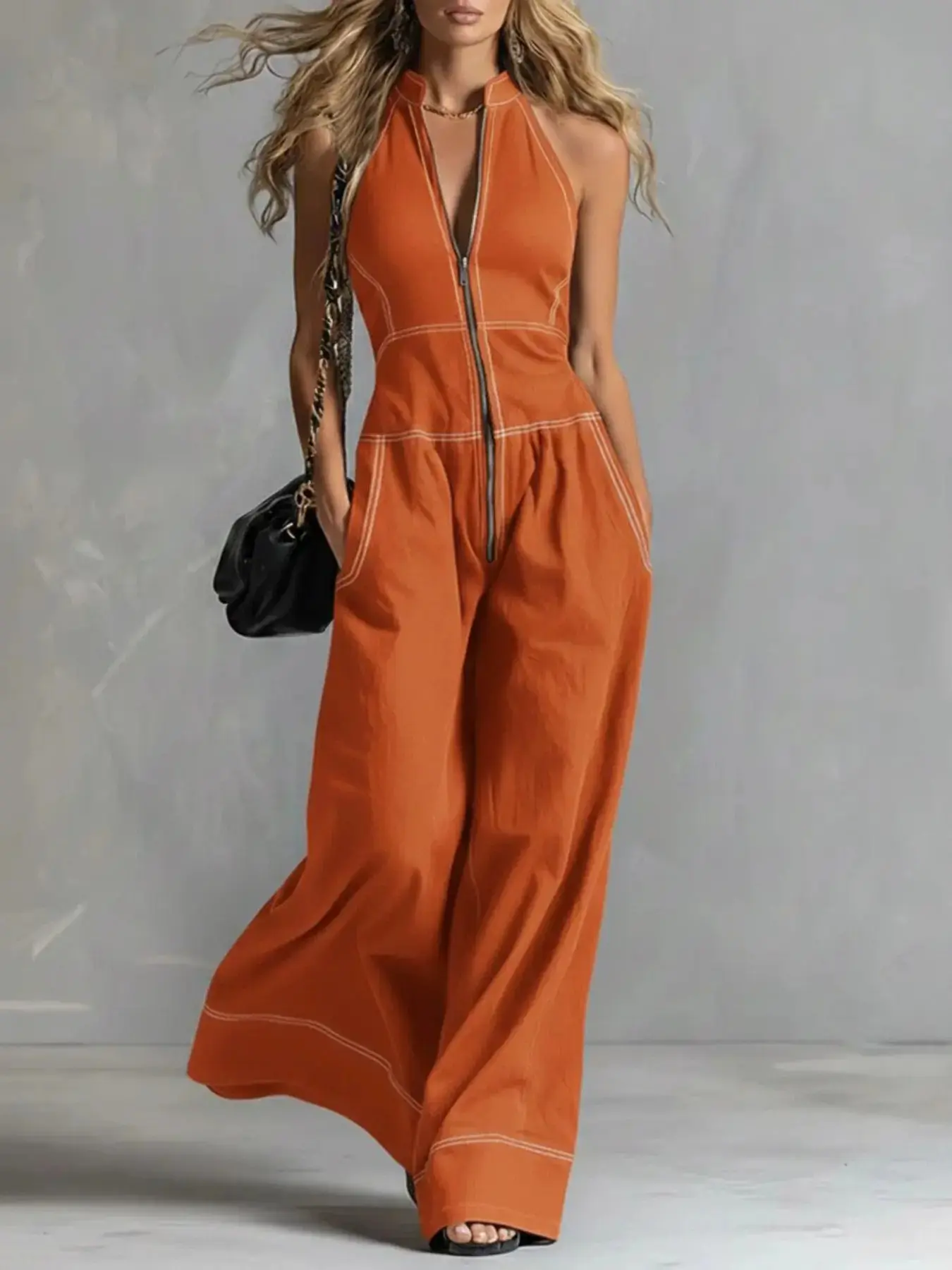 Women's Stand-Collar Sleeveless Solid Color Zip-Front Zipper Loose Jumpsuit, Comfortable and Stylish Casual One-Piece for Spring, Summer and Fall