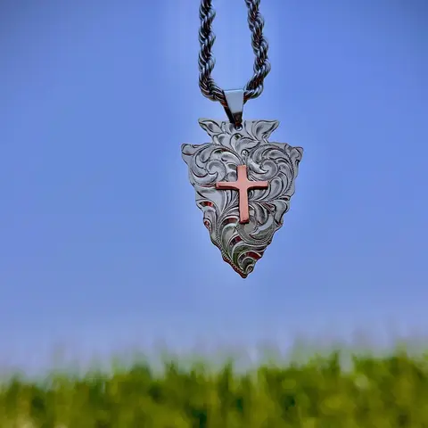 Arrowhead Pendant with Cross Hand-Engraved Nickel Silver & Intricately Crafted Copper Men's Women's Stainless Steel Charm Non Tarnish Jewelry