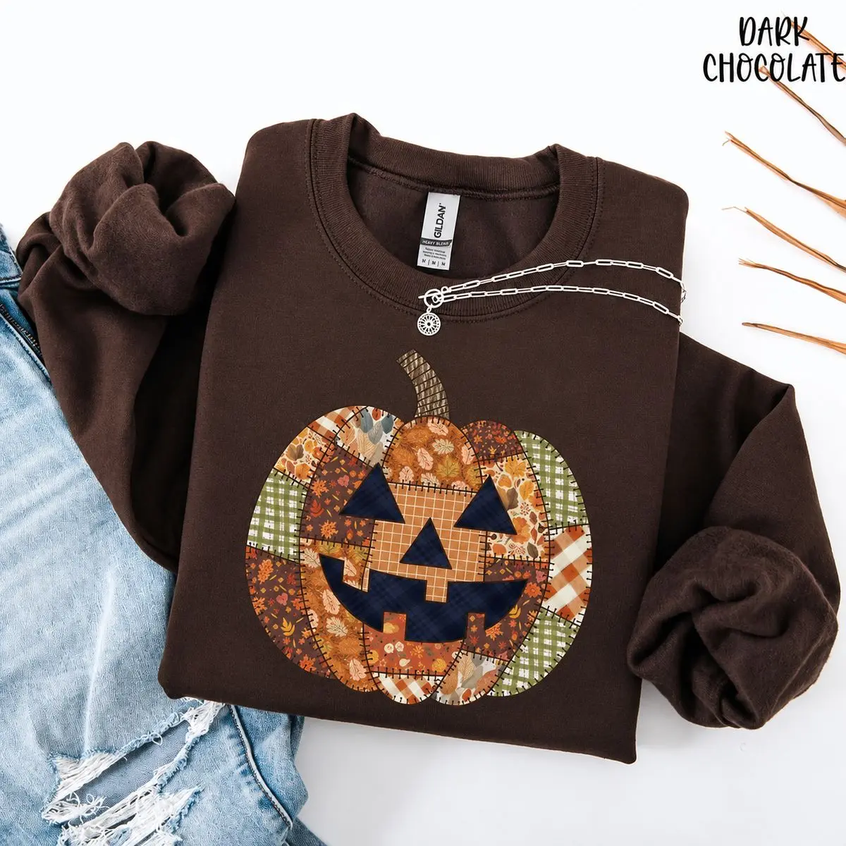 Women's Faux Patchwork Pumpkin PRINTED Sweatshirt, Halloween Graphic Pullover, Cotton Long Sleeve Top, Casual Fall Womenswear Sweatshirt