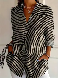 1 piece of women's four-season curved striped lapel single-breasted loose Casual flesh-covering long-sleeved Blouse shirt Top, suitable for office, vacation, home, daily wear, festivals, four seasons