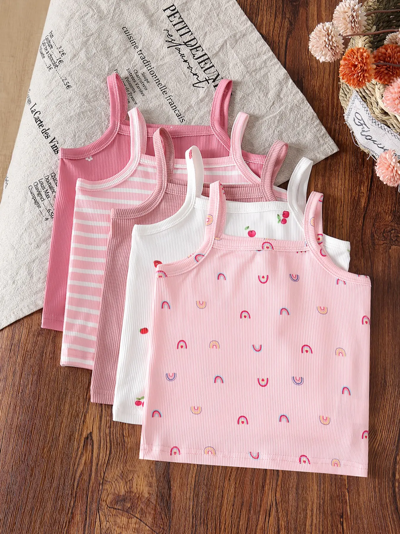 5-Piece Summer Comfortable Cute Girly Multi-Color Series Fashion Casual Tank Tops Camis for Girls, Floral Cherry Rainbow Solid Striped, Indoor Outdoor Wear