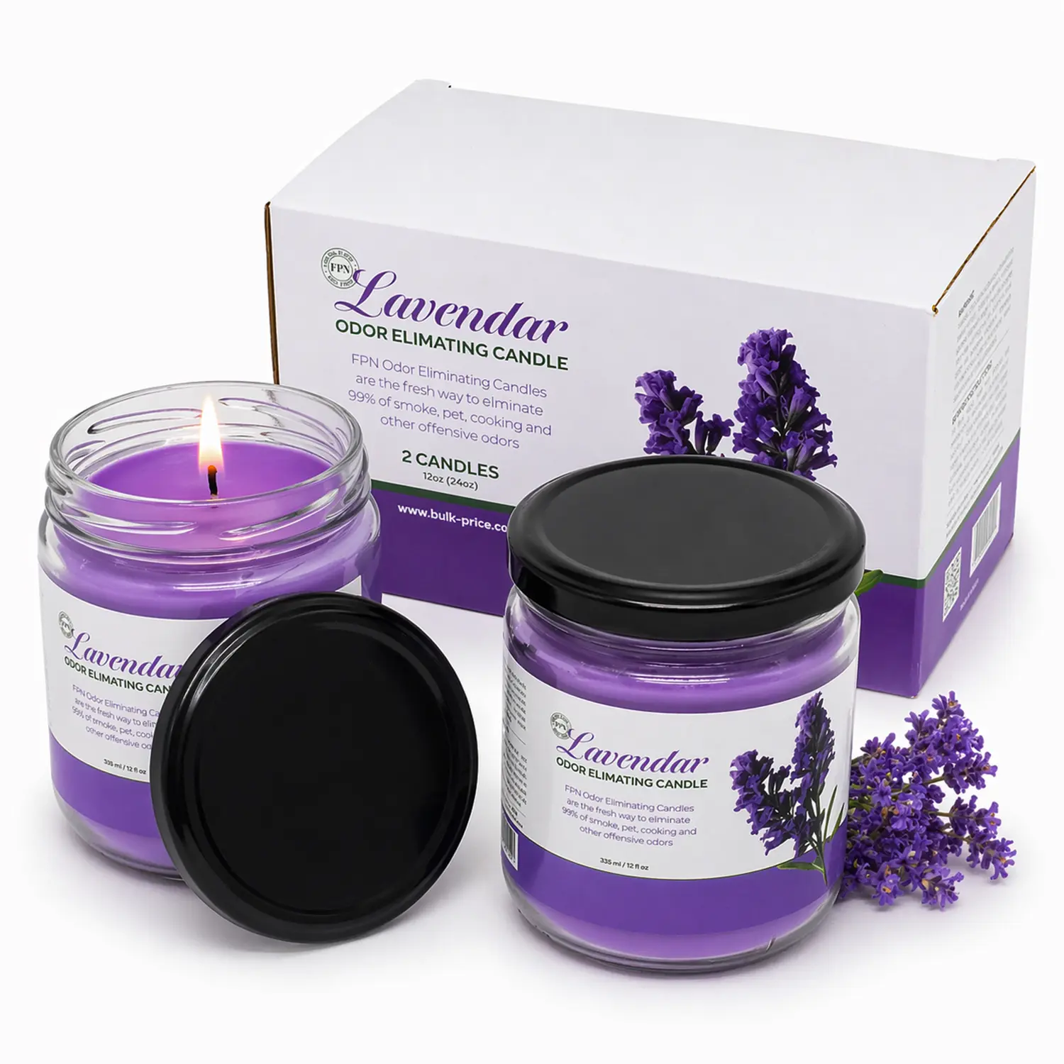 FPN Odor Eliminating Candle Set (Lavender) - Pack of 2 (12oz) | 90 Hour Burn Time | Premium Soy Wax Candles | Eliminates 99% of Pet, Kitchen, & Smoke Odors | Eco-Friendly & Long-Lasting