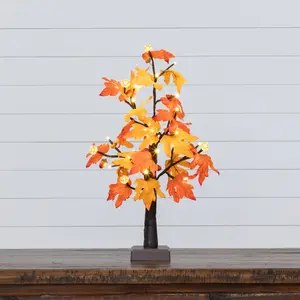 2' Pre-Lit Autumn Maple Artificial Fall Tree with 24 Warm White LED & Pumpkin Shaped Lights with Detachable Base