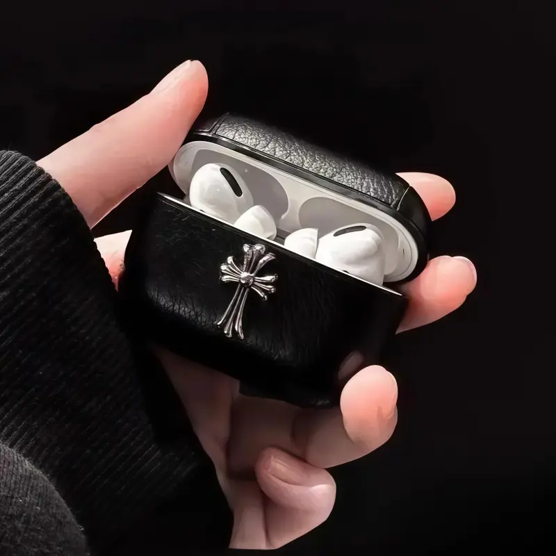 Luxury Retro Gothic Cross Pebbled Leather Wireless Earphone Protector for AirPods Pro 2, Pro, 3 - Punk Chic Shockproof Pods Accessories with Metal Keychain, Charging Port Protection, Unisex Gift, Earphone Protective Cover, Heavy Duty Protection