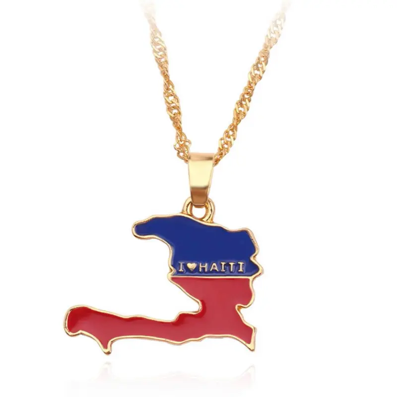 I Love Haiti Map Pendant Necklace with Gold Color Chain and Blue and Red Enamel Design