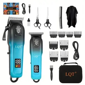 LQT Gradient Blue Black Barber Kit, Cordless Hair Clipper & Detail Trimmer Set with LCD Display, Rechargeable with Guide Combs & Full Accessories