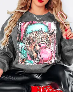 Festive Cow Christmas Sweatshirt Pink & Teal Bubblegum Holiday Pullover Cute Winter Gift Oct '25 Cozy Fleece Crewneck Long Sleeve Womenswear Outfit Hoodie