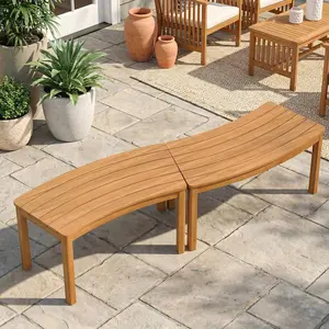Spaco Set of 2 Outdoor Curved Acacia Wood Benches – Elegant Front Porch Glider Benches with Slatted Design for Garden, Patio, or Entryway