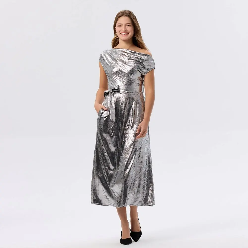 Women's Sleeveless Metallic Belted Midi A-Line Dress - A New Day