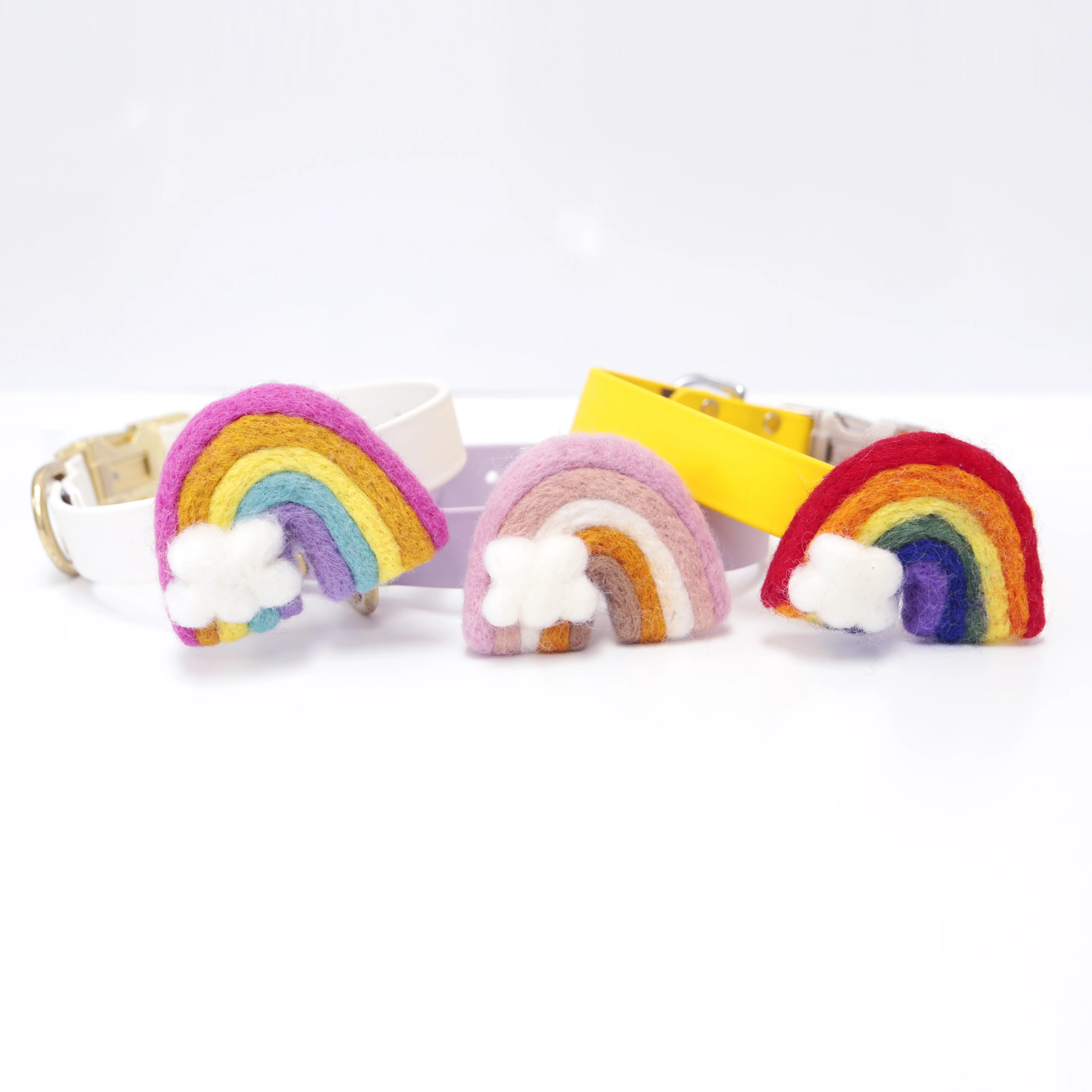 Mimi Green Rainbow Dog Collar Accessory Handmade Wool Felt Elastic Ring Secure Fit for Medium to Large Dogs Washable Year Round USA Made