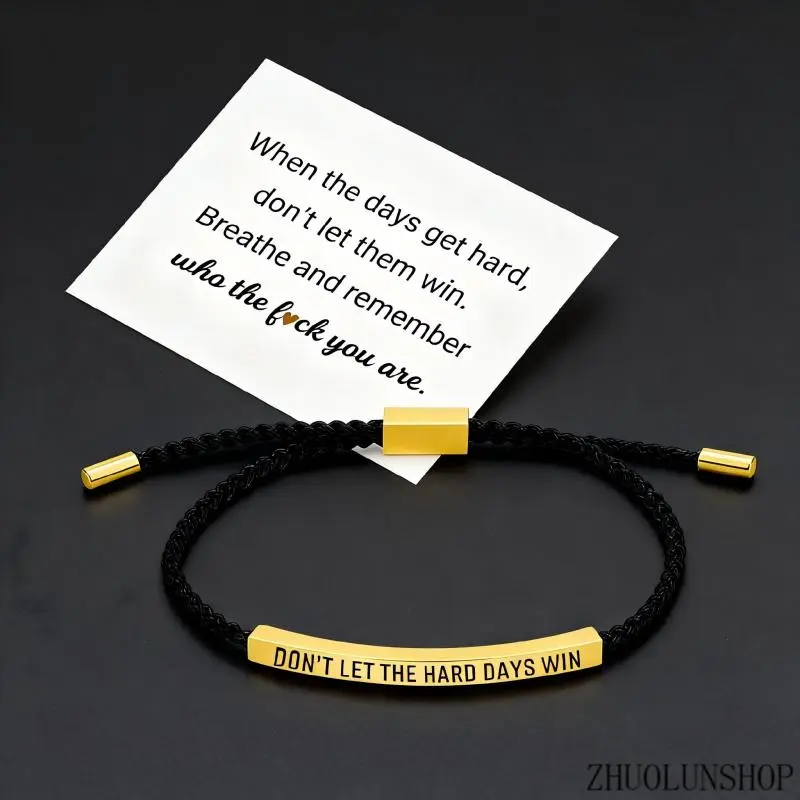 Women's Teens' "Don't Let The Hard Days Win" Engraved Bar Charm Adjustable Braided-Steel Nylon Rope Bracelet, Motivational Daily-Wear Costume Jewelry, Heartfelt Encouragement Keepsake, Flexible Fit Sturdy Skin-Friendly Stack-Wear Accessory