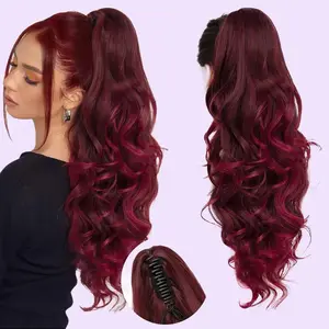 Long Curly Wavy Claw Clip in Medium Blonde with Highlights Synthetic Hairpiece for Women Natural Fluffy Japanese Technology Pre Braided 24-inch Ponytail Extension