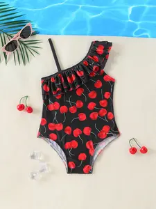 Girls' One-Piece Cherry Print Swimsuit, Soft High Stretch Quick-Dry, Beach Pool Swimming Spa Surf Vacation Swimwear