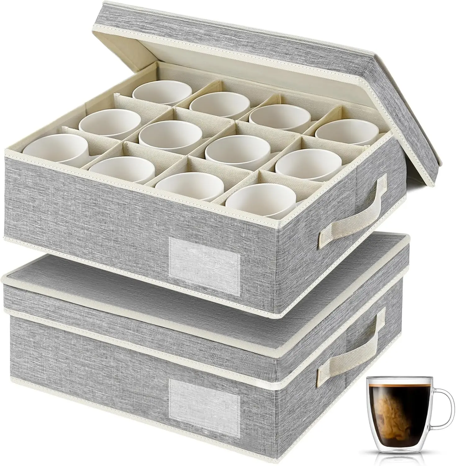 2 Pack Grey Mug Storage Box with Dividers, Stackable Hard Shell Cup Organizer with Handles, Each Holds 12 Cups for Tea Coffee Glass Cups