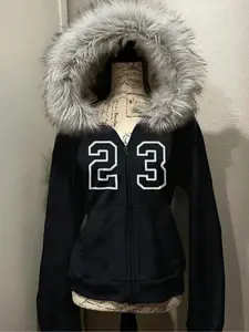 Women's Black Hooded Fitted Long Sleeve Jacket with Faux Fur Trim and Bold 23 Number Print, Winter Coat for Street Style and Cold Weather Protection, Outerwear Womenswear