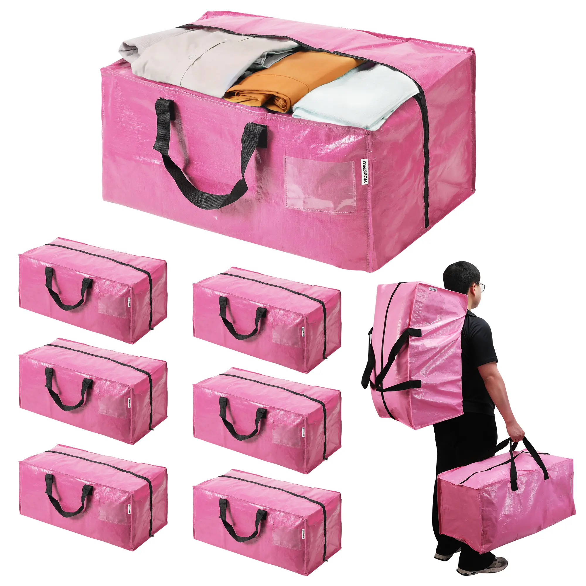 WORKPRO Extra Large Moving Bags with Backpack Straps & Handles | Heavy Duty Moving Storage Bags, Pink, Double Zippers for Moving, Dorm, Closet Storage, Travel & Space Saving