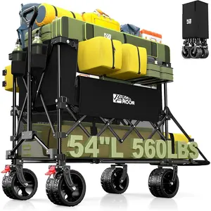 400L Double Decker Wagon with Tailgate 54'' Extra Long, 560LBS Heavy Duty Wagons Carts Foldable, Big -Terrain Wheels with Brakes, Utility Folding Cart for Beach, Camping, , Black