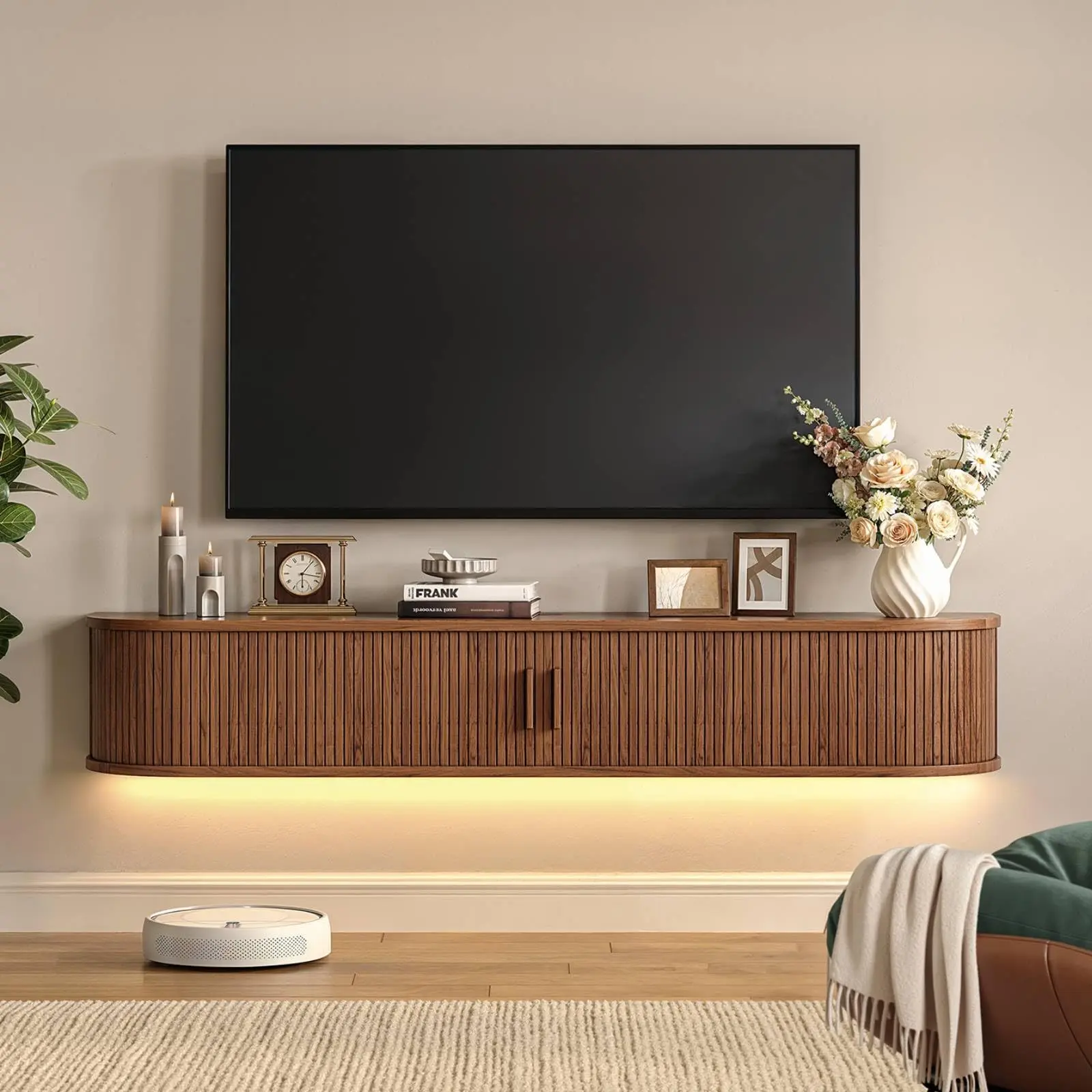 【SummerFinds】ONBRILL 63" Floating Sturdy Wooden TV Stand - TV Console Table with Power Outlet, LED Lights Remote, Sliding Door Built-in Storage Compartments, Mid-Century Modern Multimedia Centre for 75" TVs (Living Room, Bedroom)