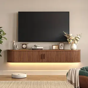 ONBRILL 63" Floating TV Stand with Power Outlet for TVs up to 75", Fluted Entertainment Center with Remote Control for LED Lights, Mid-Century Modern TV Console w/Sliding Door for Living Room, Bedroom