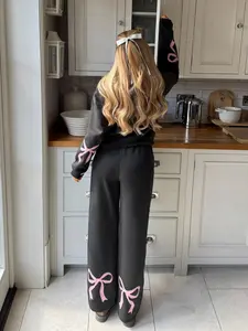 Women's Bow Print Butterfly Hoodie Sweatshirt & Wide Leg Pants Set, Casual Loose Fit Two-Piece, Fall & Winter Street Fashion
