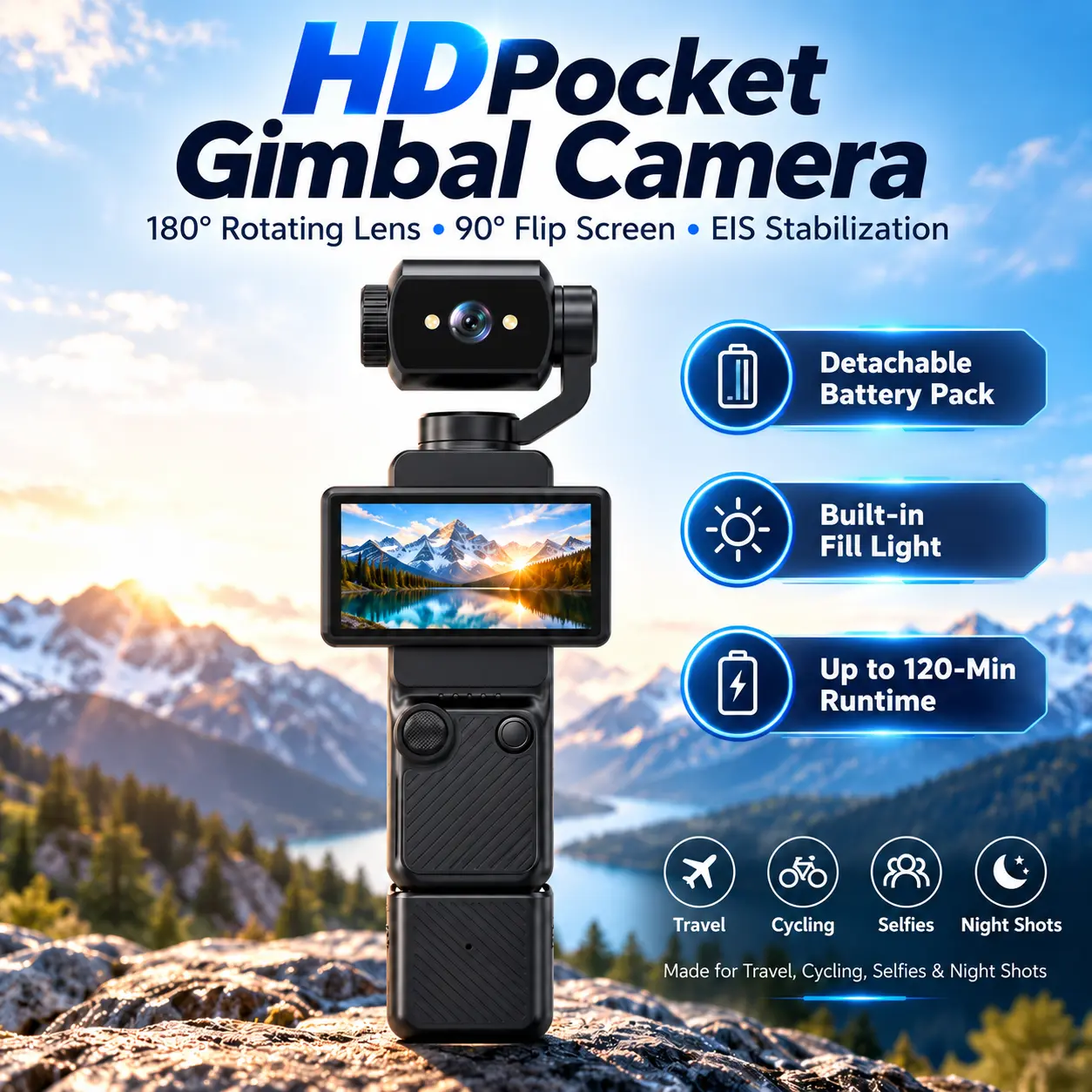 HD Pocket Gimbal Camera Handheld Vlog Video Camera EIS Stabilizer 180 Degree Rotating Lens 90 Degree Flip Screen Built In Fill Light Night Recording Long Battery 120 Min Mini Camcorder for Selfie Travel Cycling Skiing Family Vlogging Creator Blogger Gift