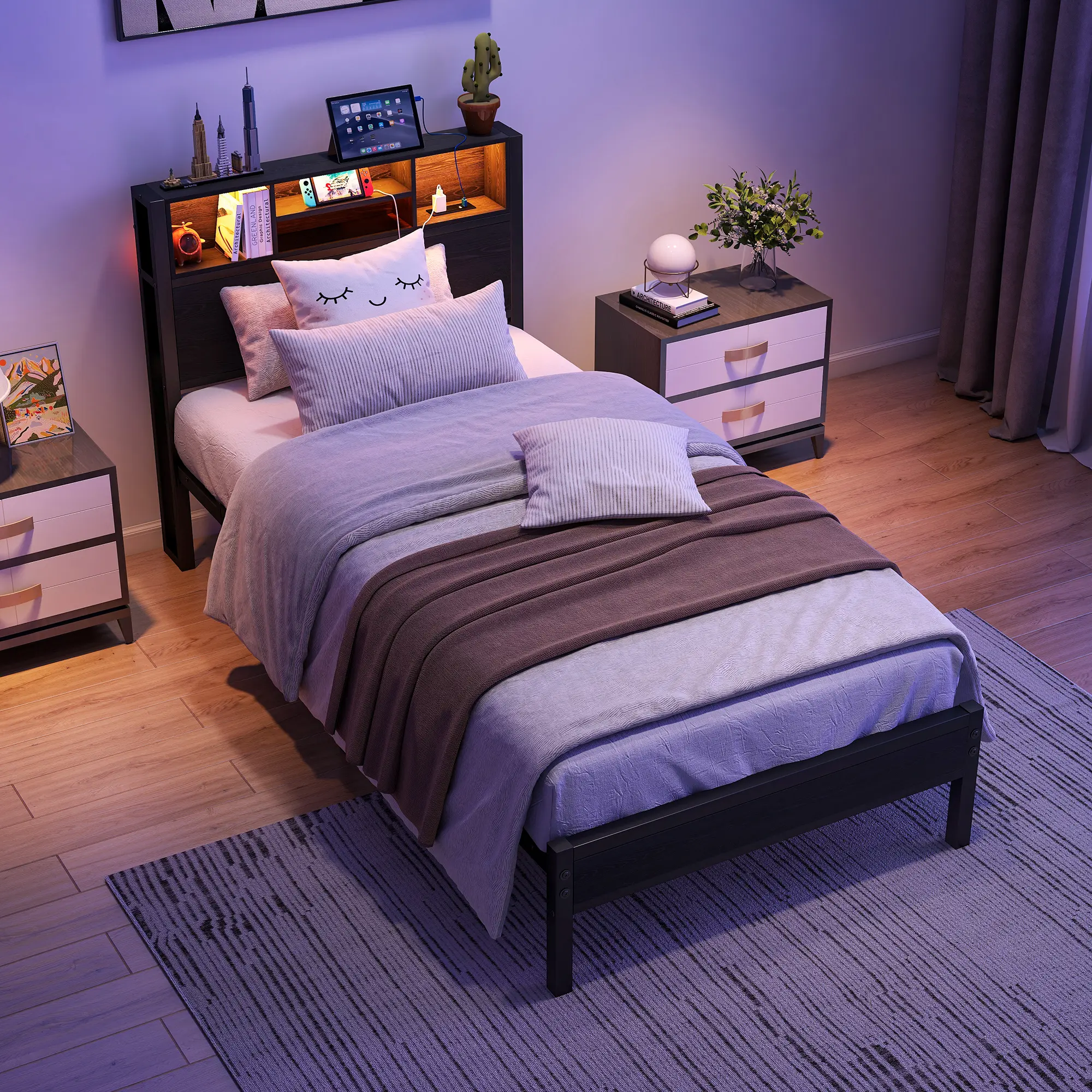 Twin Size Bed Frame with Storage Headboard, Metal Twin Platform Bed with Charging Station, Bookcase Storage, No Box Spring Needed, Easy Assembly, Black Brown