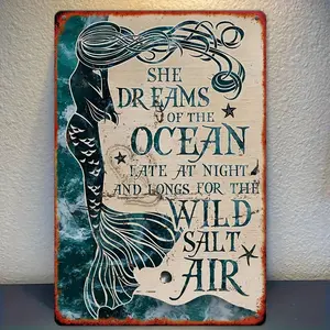 [Vintage Mermaid Sign] Rustic 8x12 Inch Vintage Mermaid Sea Tin Sign |   Nautical Decor for Home, Office, Bar & Restaurant - Ocean Quote, Easy Hang, No Electricity Needed, Ocean Theme Decor Decoration 1Pc