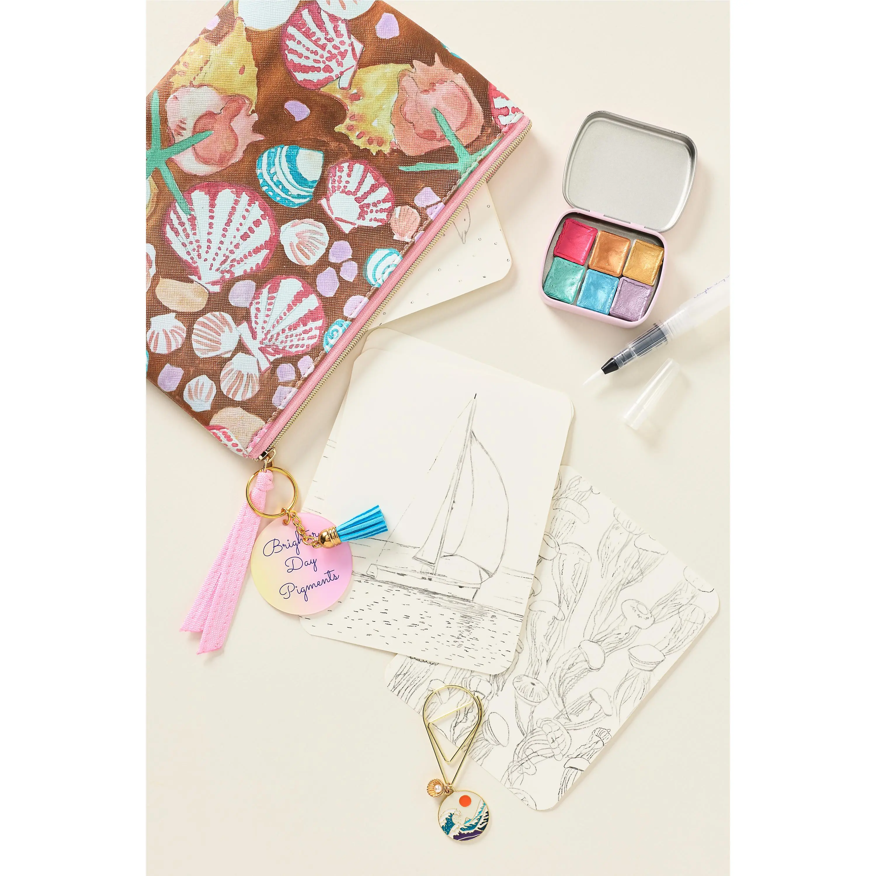 Seashell Pattern Zipper Pouch with Starfish Design and Pink Tassel Charm for Travel and Organization