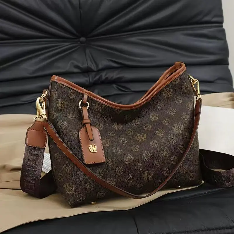 Vintage Monogram Hobo Crossbody Bag Women Wide Strap Daily Shoulder Purse With Tag Pendant