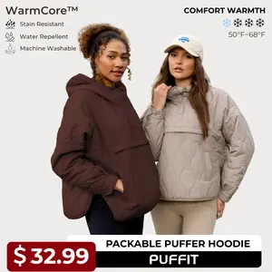 PUFFIT WarmCore Premium Women's Packable Baggy Fall Puffer Hoodie Coat Comfortable Quilted Lightweight & Warm Womenswear Water Repellent and Stain-Resistant Jacket Outerwear with Large Pocket,Plus Size Fit Spring,Dog Walking,School Running,Football Mum