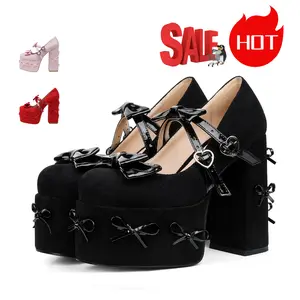 Goth Punk Women's Black Platform Heels Shoes High Heels Pumps Cute Bow High Heels Gothic Heels Closed Toe Heels Chunky Heels Mary Jane Shoes
