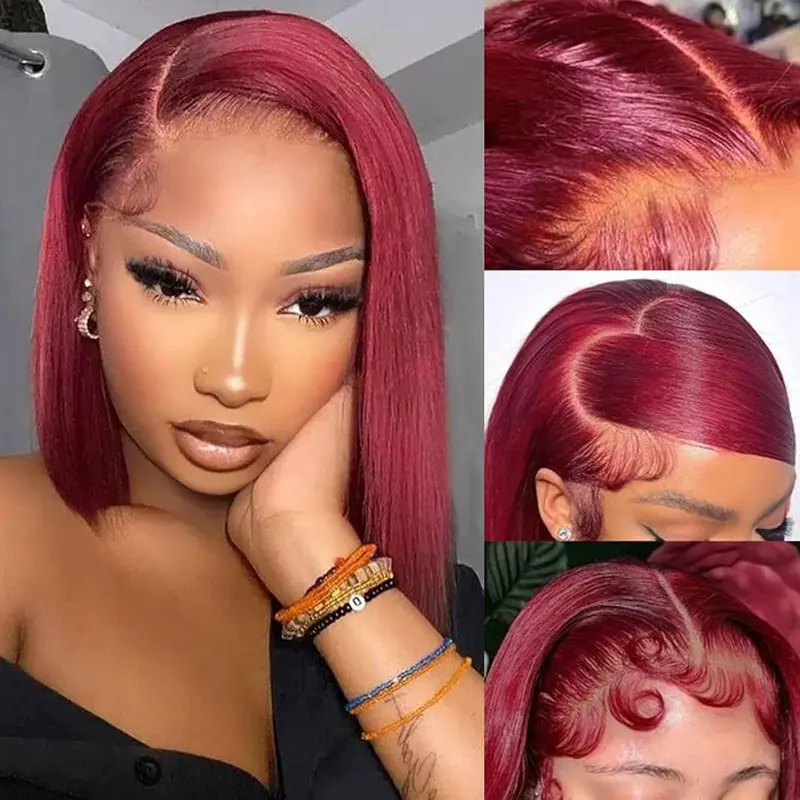 amzhair Female 99J Colored Short Bob Glueless Full Lace Front Wig, Natural Straight Virgin Human Hair with 13x4 HD Lace, Pre-Plucked Line, 180% Density Thin Skin Melt, 22.5" Medium Cap, Glueless Wigs, Full Lace Frontal Wigs