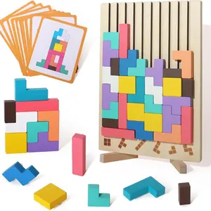Wooden Shape Sorter Toy Building Blocks, 1 Box Colorful Geometric Shape Blocks & Cards & Board Game, Educational Toy for Kids