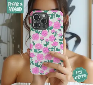 Pink Rose Phone Case Mag Safe Compatible Magnetic Tough Cases with Polycarbonate Shell & TPU Lining for Extra Durability and Protection