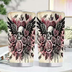 1pc Gothic Skull & Roses Insulated Stainless Steel Cup - 20oz Leakproof Travel Mug with & Red Rose Design, BPA-Free Thermal Cup for Hot/Cold Drinks