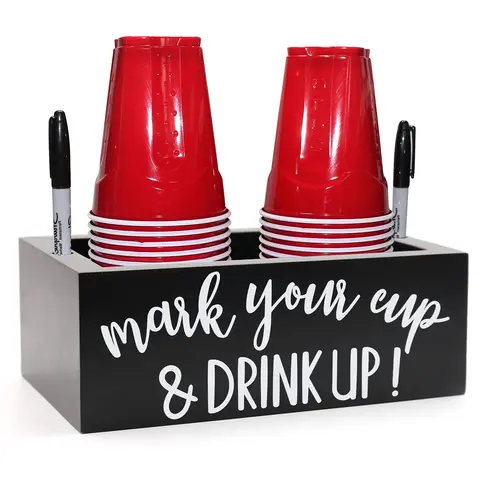 Cup Holder with Marker Slot, Wood Disposable Cup Rack, Mark Your Cups and Drink Plastic Cup Storage Box, Wedding Party Kitchen Decor, Bathroom Organizer, Bathroom Organizing Accessories, Bathroom Organization, Bathroom Gadgets