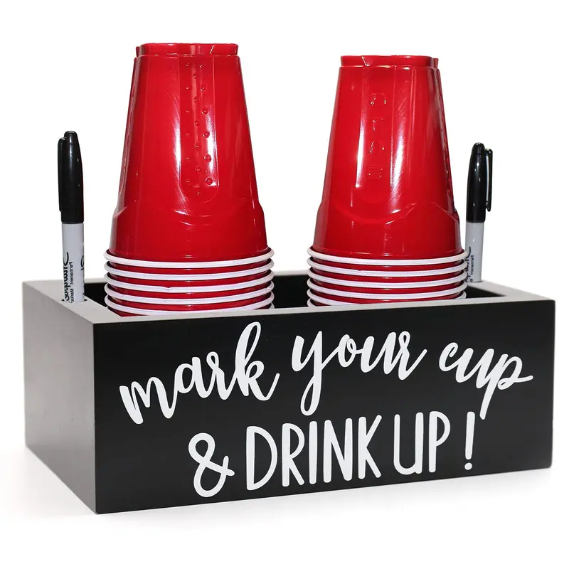 Cup Holder with Marker Slot, Wood Disposable Cup Rack, Mark Your Cups and Drink Plastic Cup Storage Box, Wedding Party Kitchen Decor, Bathroom Organizer, Bathroom Organizing Accessories, Bathroom Organization, Bathroom Gadgets