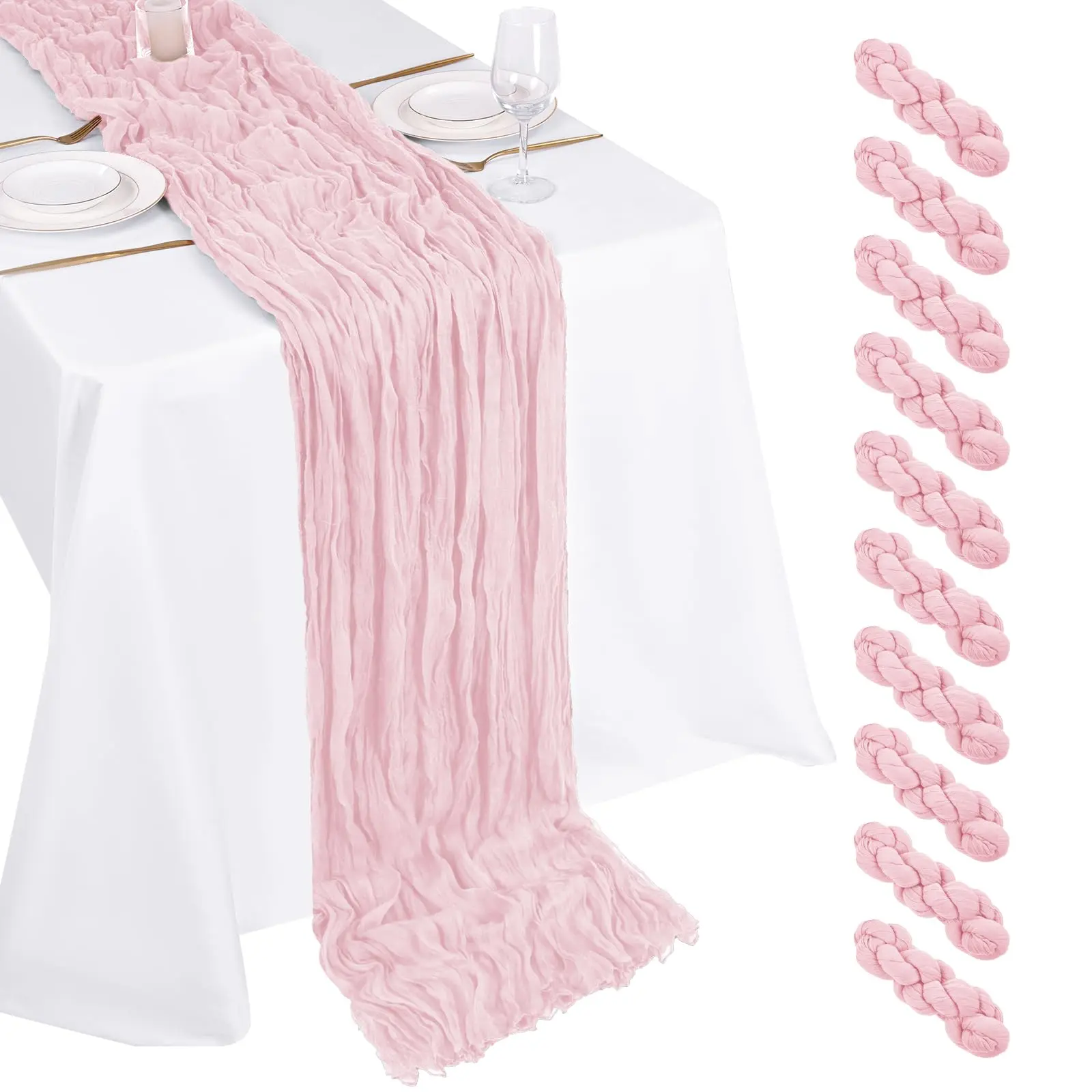 12 Pack Light Pink Cheesecloth Table Runner 17x108 Inch Boho Gauze Cheese Cloth Table Runners for Wedding Party Baby Shower Birthday Home Decor