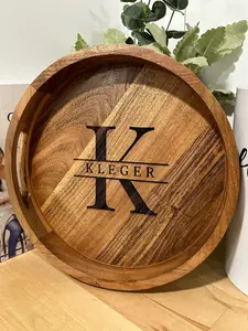 Wooden Round Serving Tray With Handles, Personalized Home Decor, Personalized Housewarming Gifts, Newlywed Gifts