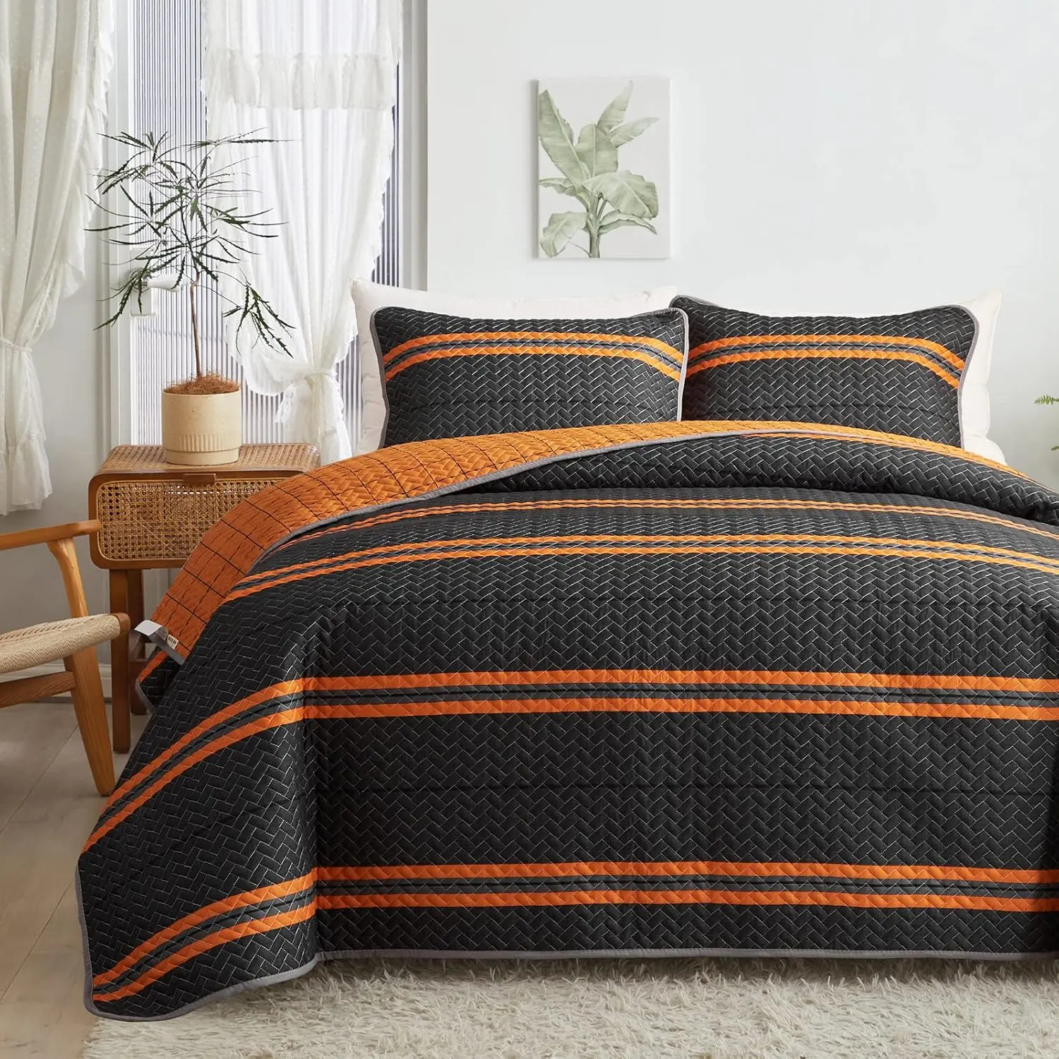 Modern Boho Halloween Quilt Set , 3 count Bright Orange Striped on Black Bedspread, Soft Microfiber Coverlet for All Season - 1 Quilt and 2 Pillow Shams
