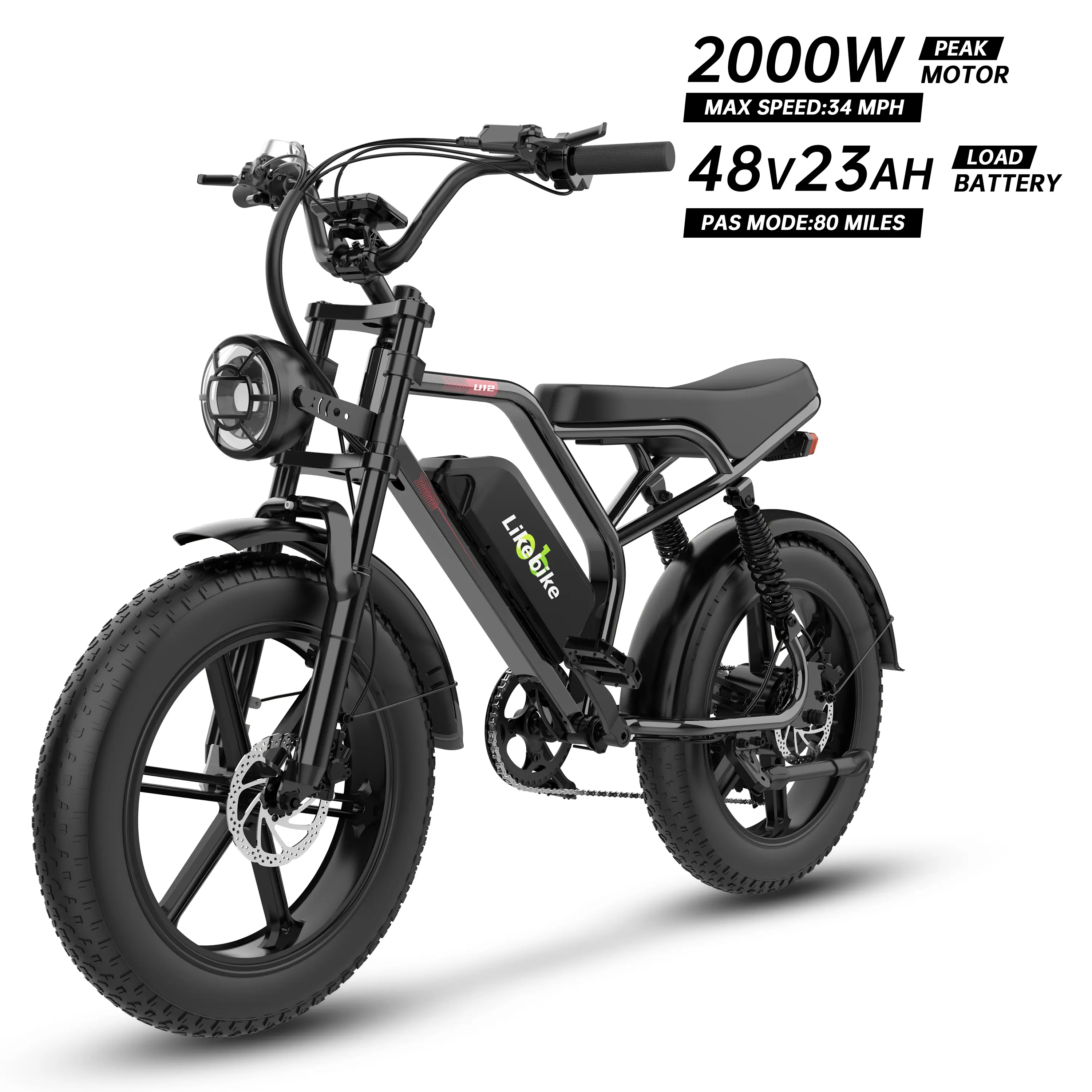【Likebike UM1 Plus】All-Terrain 2000W Peak Lithium-Ion E-Bike - 34MPH, 60-80 Mi Range, 48V 23AH UL-Certified Removable Battery, Full Suspension, 20" Fat Tires, Hydraulic Brakes, NFC Tap Unlock, Portable Bluetooth Speaker for Mountain Riding, Beach Commutes