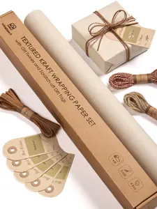 Vitalizart Mothers Day Gift 30"x197" Textured Kraft Wrapping Paper Set with 3 Burlap Twine Ribbons & 6 Scratch-off Tags for Christmas Wedding Birthday - Durable & Easy to Handle