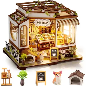 DIY Miniature House Kit, Tiny House Pet Shop with Furniture & LED, DIY Dollhouse Kit for Adults Teens, 3D Wooden Craft Mini Model Building Kit, Ideal Birthday Gift Home Decor