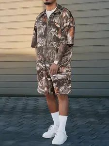 Men's Camo Pattern Short Sleeve Workwear Shorts Set, Street Style Casual Hunting Inspired Fall 【runs Large – Size Down】