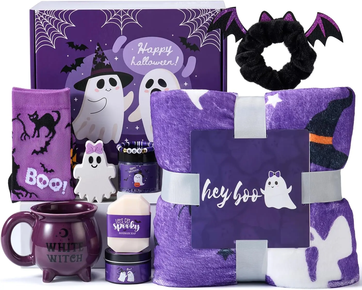 Cozy Fall Gifts Boo Basket Stuffers for Women Teen Girls, Halloween Gifts for Women with Witch Mug Halloween Blanket and Relaxing Spa Gifts for Mom Wife Friends